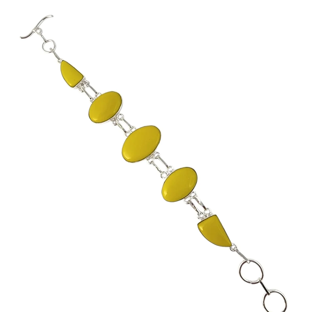 Yellow coral gemstone bracelet chunky statement silver bracelet J15